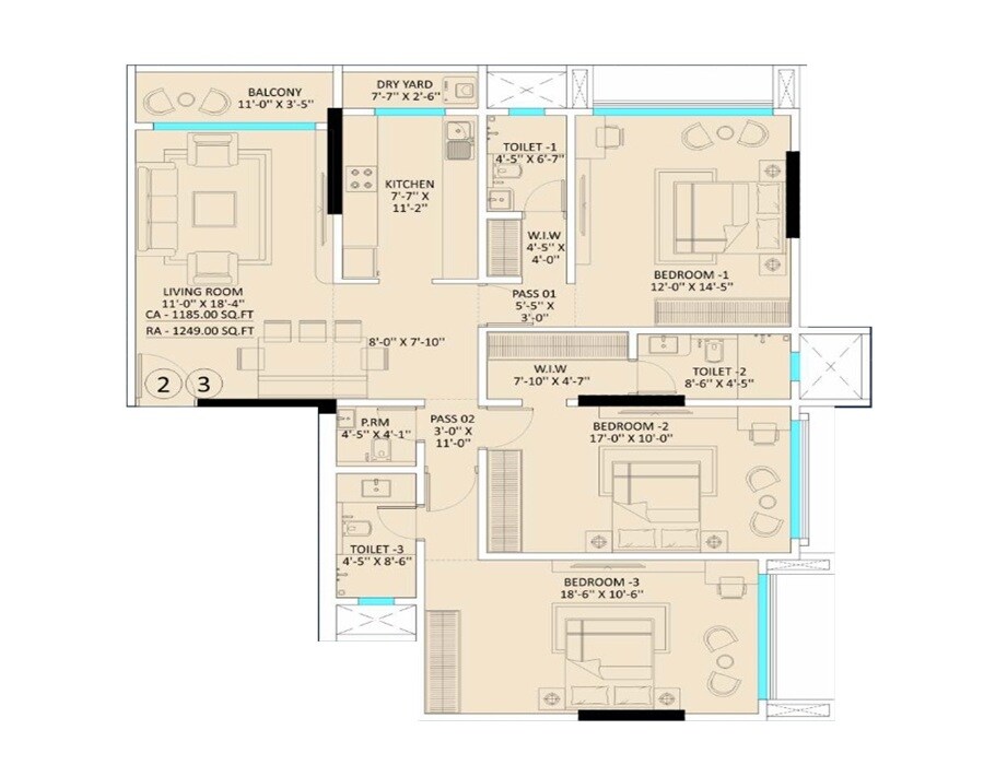 Floor plan of 3 BHK 1249 Sq. Ft. Apartment in Saikaran Kanak Edge, Mumbai