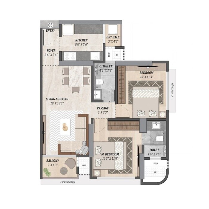 Floor plan of 2 BHK Apartment - 605 sq. ft. in Sainath Estella, Mumbai