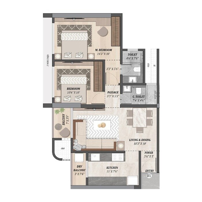 Floor plan of 2 BHK Apartment - 731 sq. ft. in Sainath Estella, Mumbai