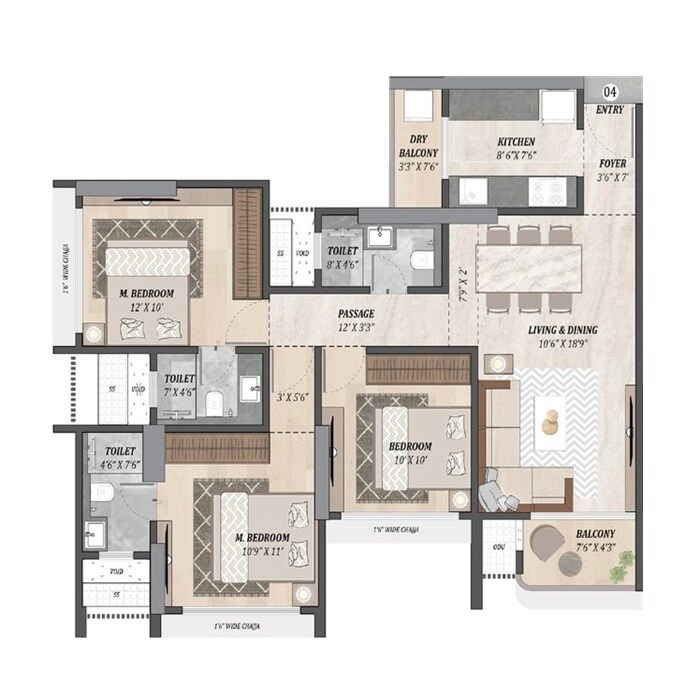 Floor plan of 3 BHK Apartment - 847 sq. ft. in Sainath Estella, Mumbai