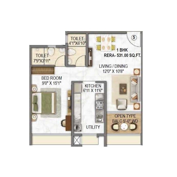 Floor plan of 1 BHK 531 Sq. Ft. Apartment in Sainath Vrindavan, Mumbai