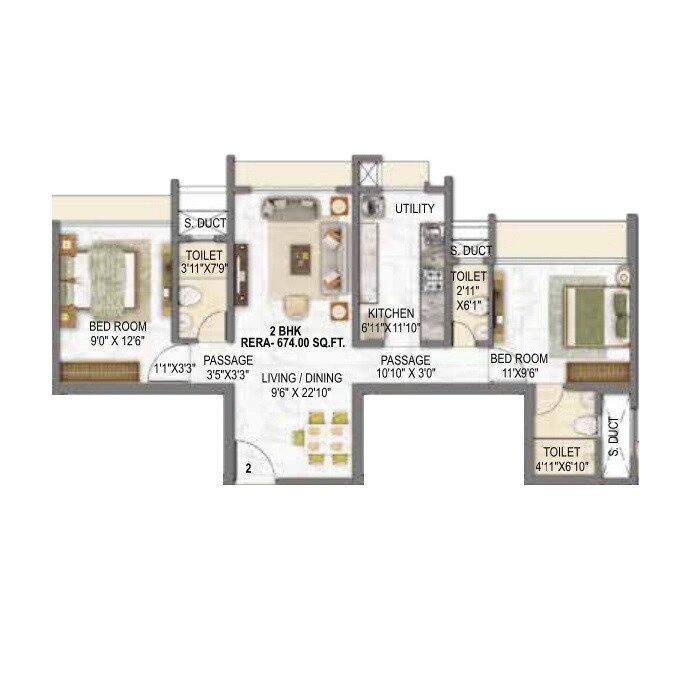 2 BHK 674 Sq. Ft. Apartment