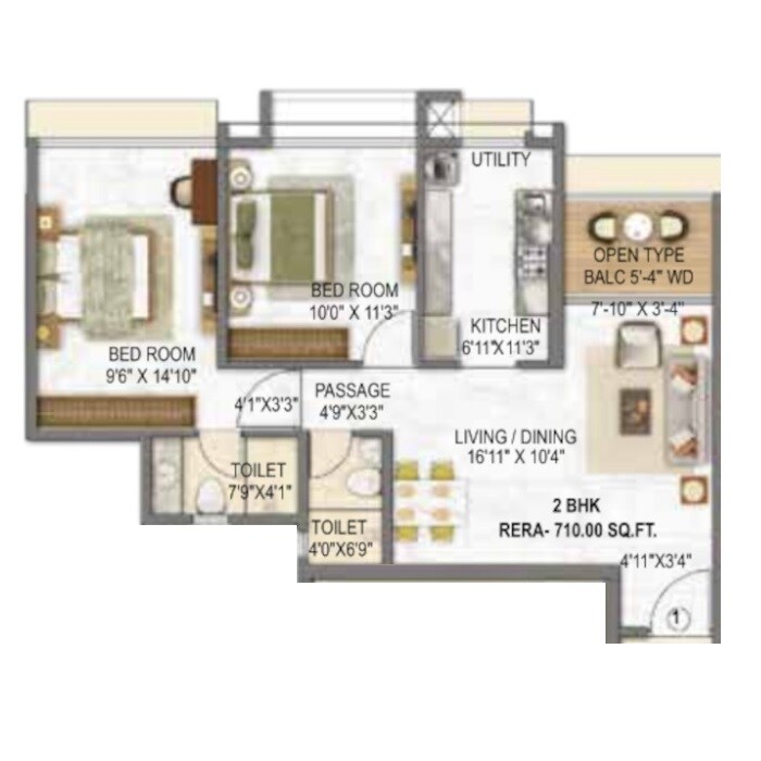 Floor plan of 2 BHK 710 Sq. Ft. Apartment in Sainath Vrindavan, Mumbai