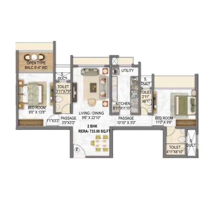 2 BHK 733 Sq. Ft. Apartment