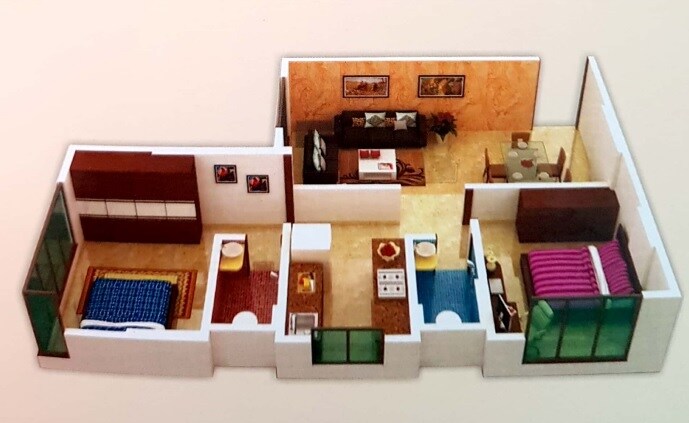 Floor plan of 2 BHK 611 Sq. Ft. Apartment in Sainath Yamuna Heights, Mumbai