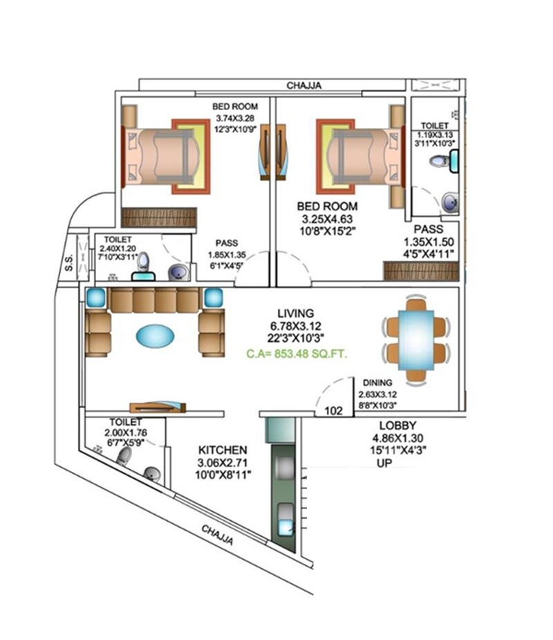 Floor plan of 2 BHK 850 Sq. Ft. Apartment in Sairah Apartment, Mumbai