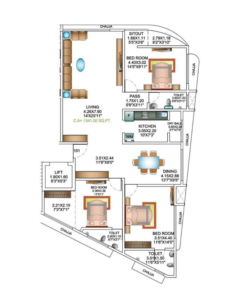 Floor plan of 3 BHK 1339 Sq. Ft. Apartment in Sairah Apartment, Mumbai