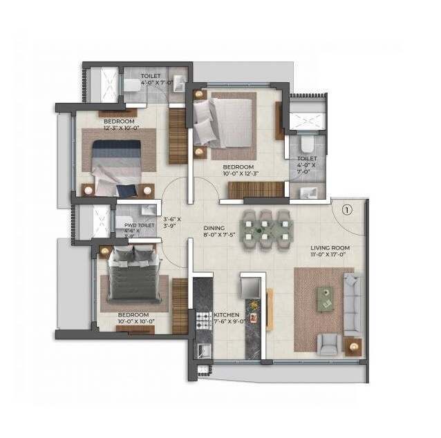 3 BHK 790 Sq. Ft. Apartment