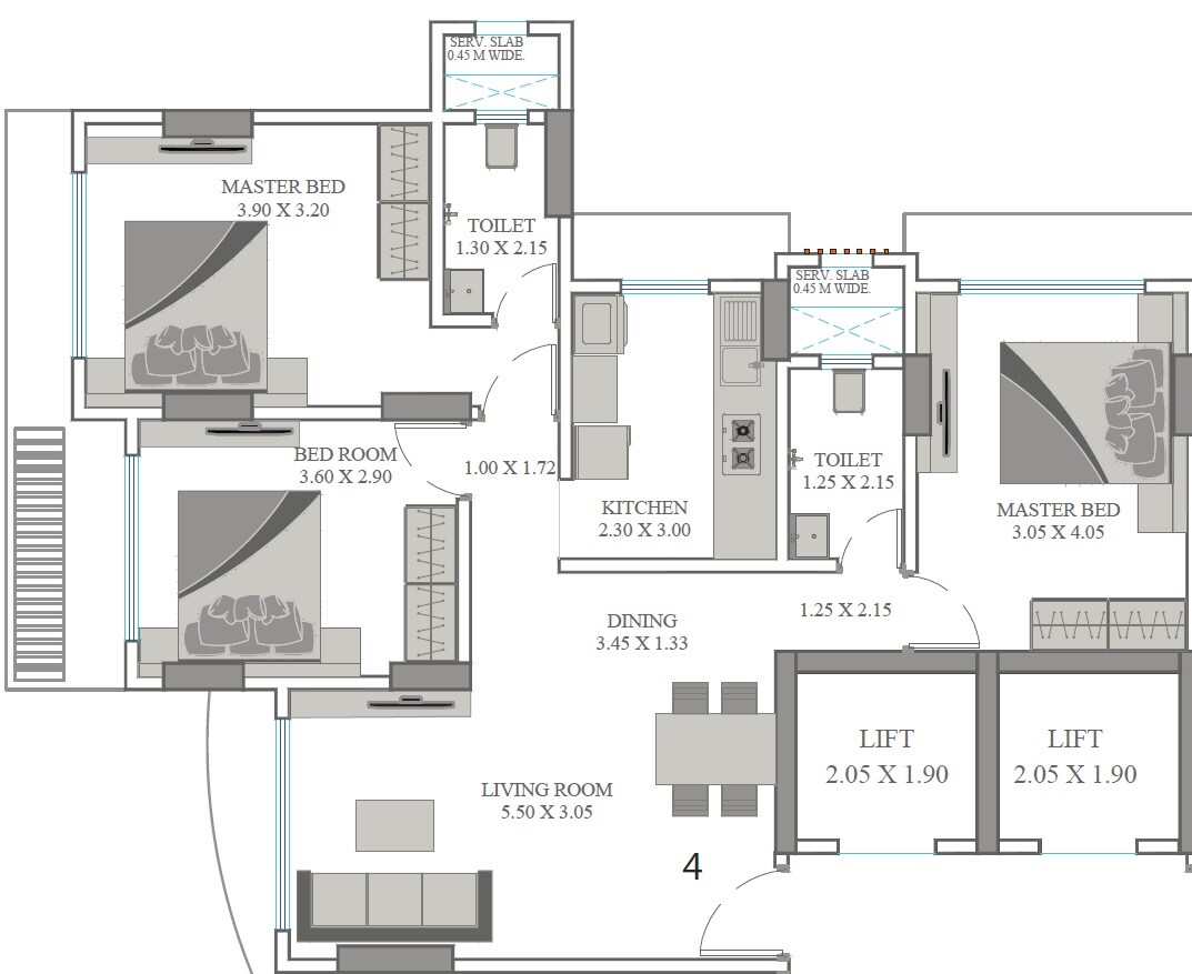 Floor plan of 3 BHK 834 Sq. Ft. Apartment in Samaj Darshan Apartment, Mumbai