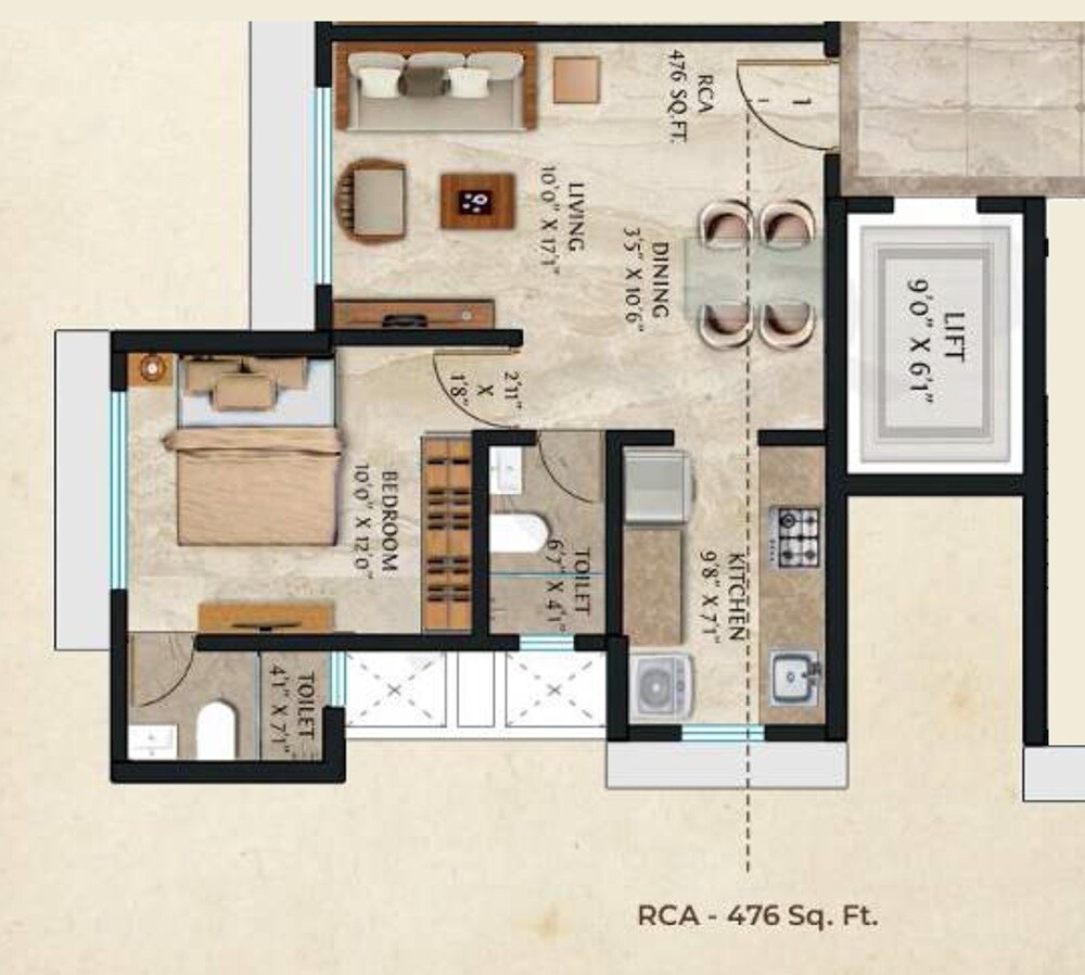 Floor plan of 1 BHK 476 Sq. Ft. Apartment in Samarpan Anand CHS, Mumbai