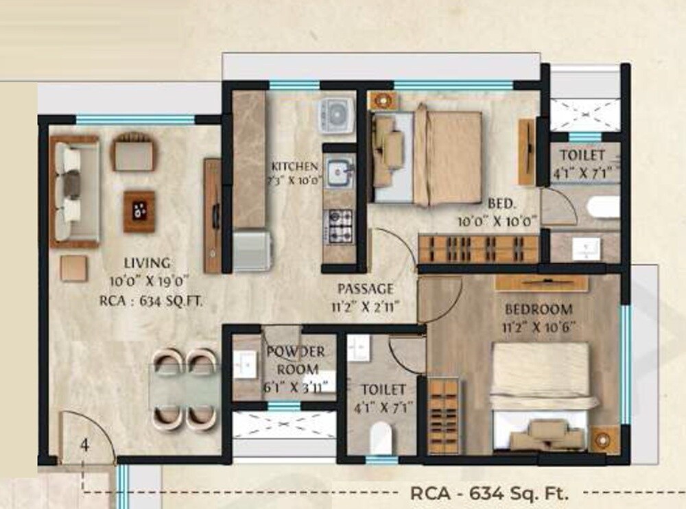 2 BHK 634 Sq. Ft. Apartment