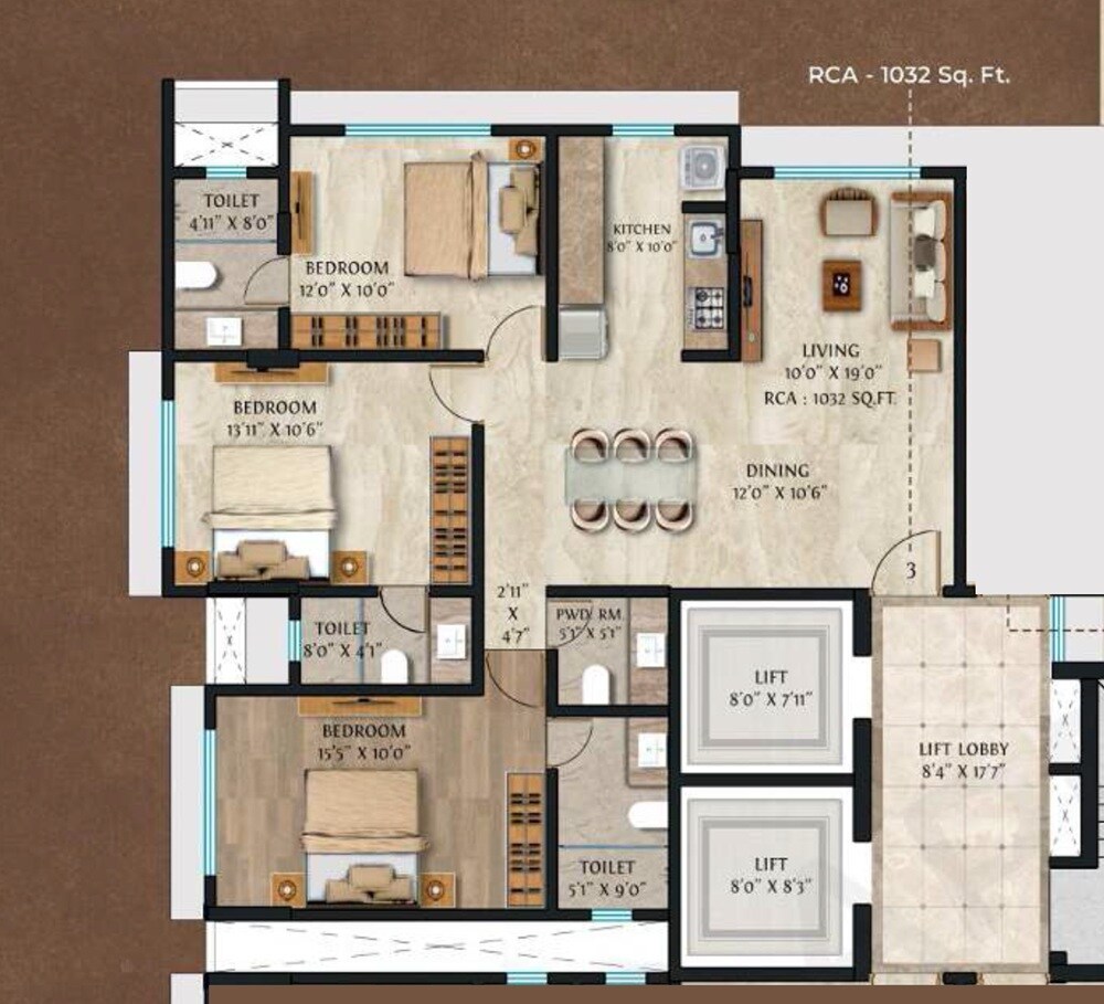 Floor plan of 3 BHK 1032 Sq. Ft. Apartment in Samarpan Anand CHS, Mumbai