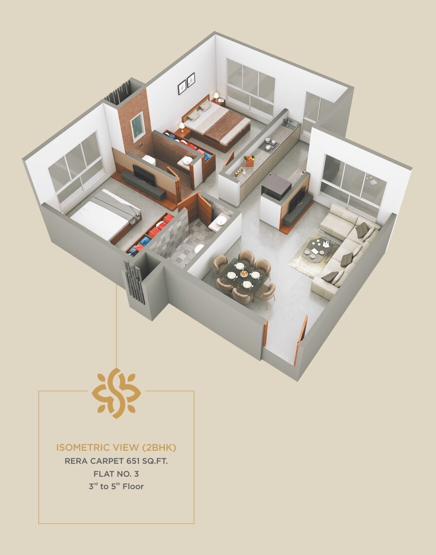 Floor plan of 2 BHK 651 Sq. Ft. Apartment in Samarpan CHS Borivali, Mumbai