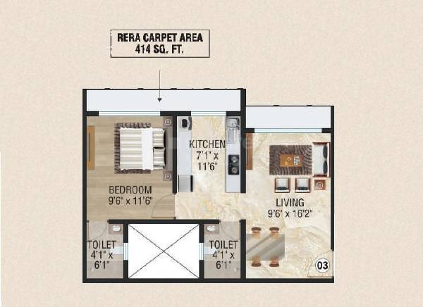 Floor plan of 1 BHK 414 Sq. Ft. Apartment in Samarpan Goldmist CHSL, Mumbai