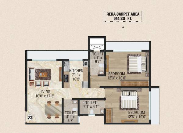 Floor plan of 2 BHK 644 Sq. Ft. Apartment in Samarpan Goldmist CHSL, Mumbai