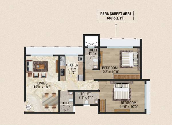 Floor plan of 2 BHK 689 Sq. Ft. Apartment in Samarpan Goldmist CHSL, Mumbai