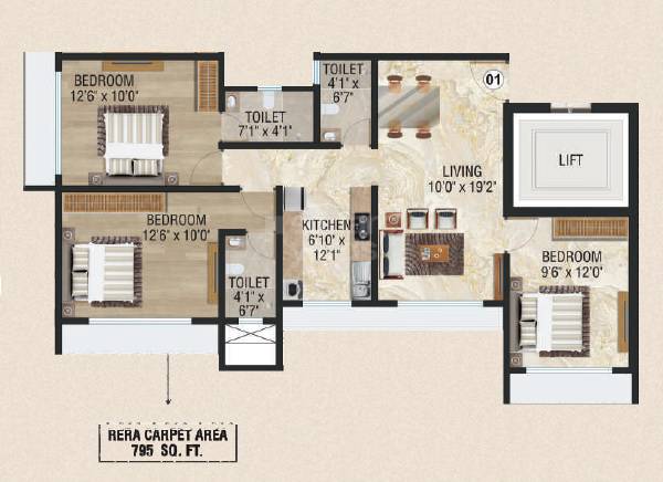 Floor plan of 3 BHK 795 Sq. Ft. Apartment in Samarpan Goldmist CHSL, Mumbai