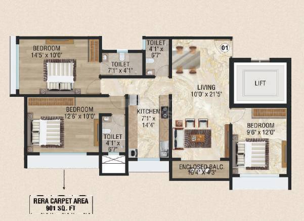 Floor plan of 3 BHK 901 Sq. Ft. Apartment in Samarpan Goldmist CHSL, Mumbai