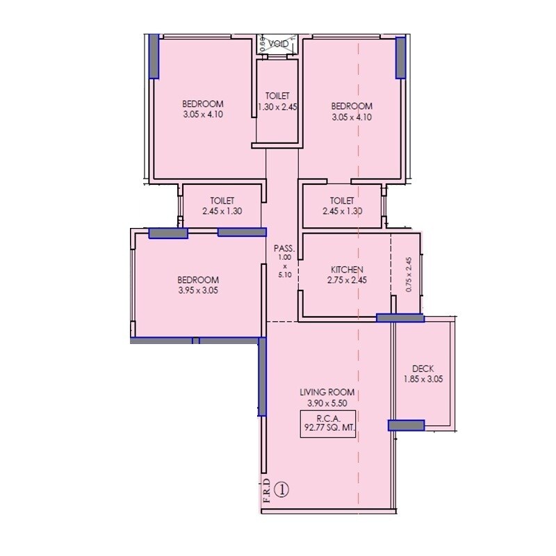 Floor plan of 3 BHK 999 Sq. Ft. Apartment in Samarpan Krishnagiri Upavan CHS, Mumbai
