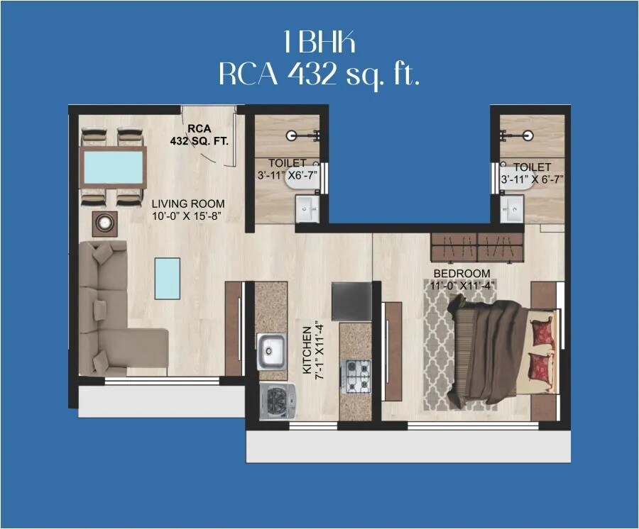 Floor plan of 1 BHK 432 Sq. Ft. Apartment in Samarpan Megh Mahal CHS, Mumbai