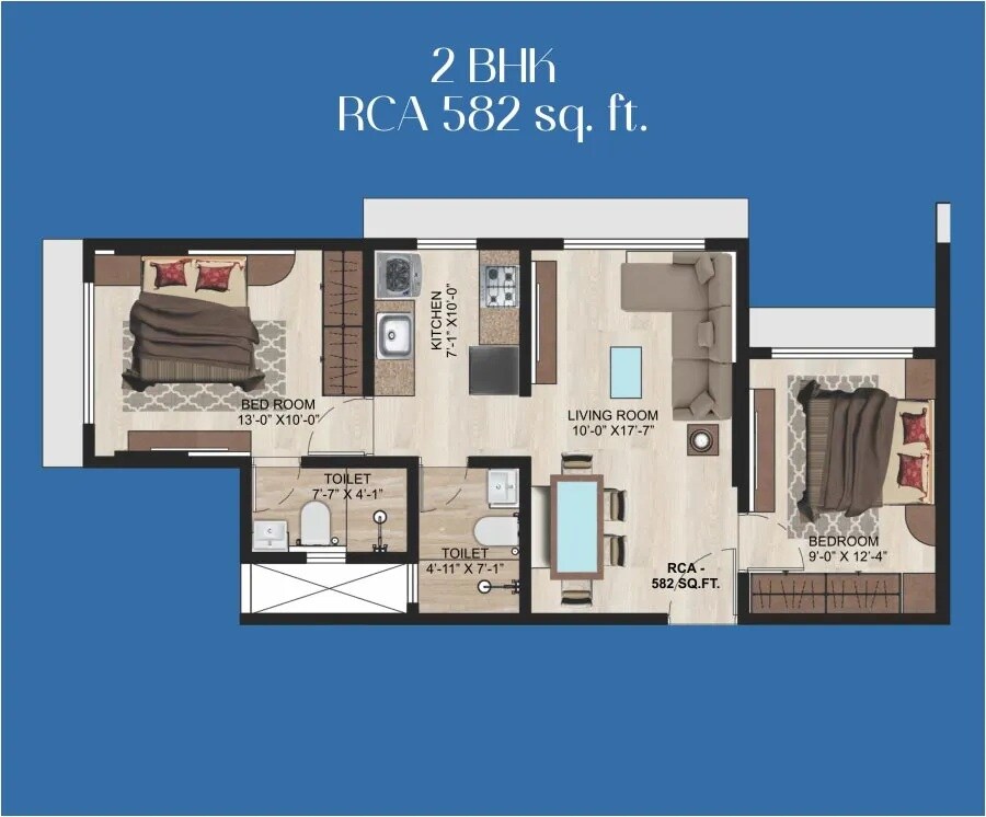 Floor plan of 2 BHK 582 Sq. Ft. Apartment in Samarpan Megh Mahal CHS, Mumbai