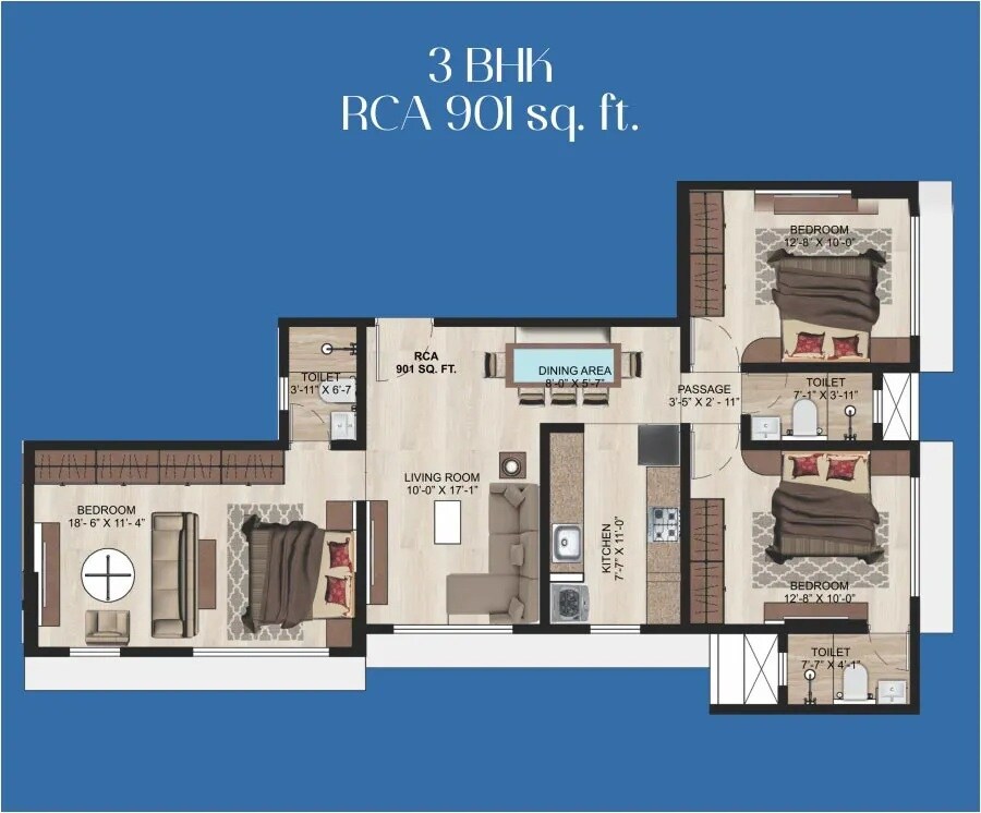 Floor plan of 3 BHK 901 Sq. Ft. Apartment in Samarpan Megh Mahal CHS, Mumbai