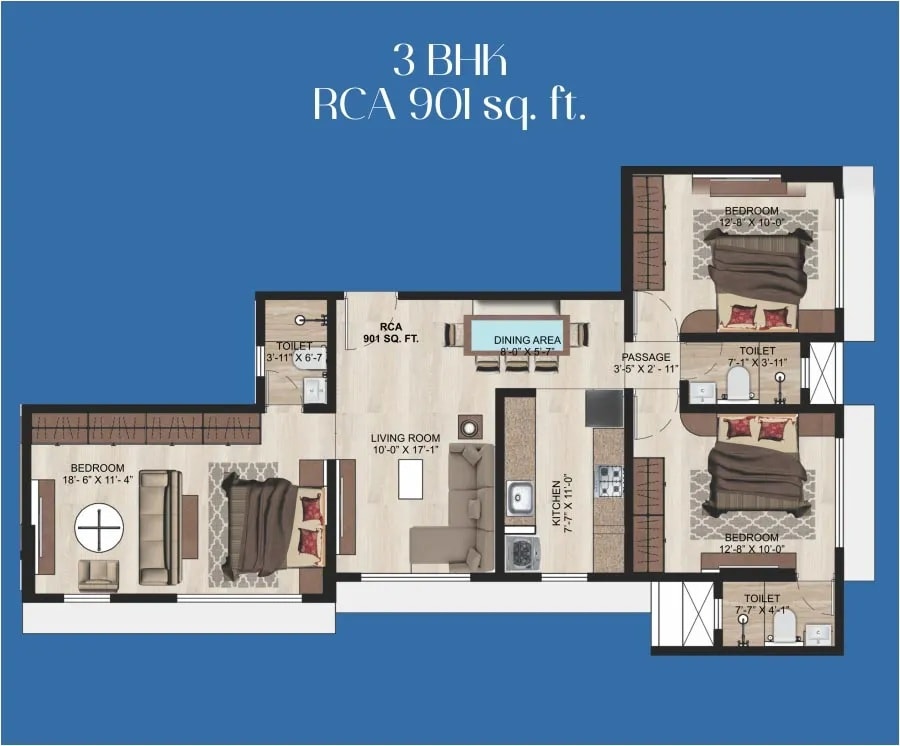 3 BHK 901 Sq. Ft. Apartment