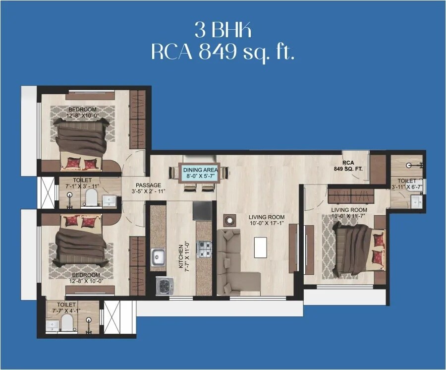 Floor plan of 3 BHK 849 Sq. Ft. Apartment in Samarpan Megh Mahal CHS, Mumbai