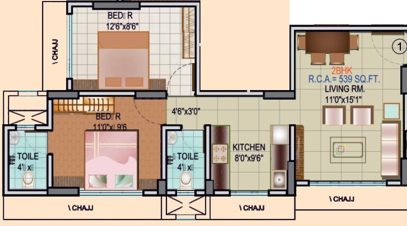 Floor plan of 2 BHK 539 Sq. Ft. Apartment in Samarpan Nikunj Vihar CHS, Mumbai