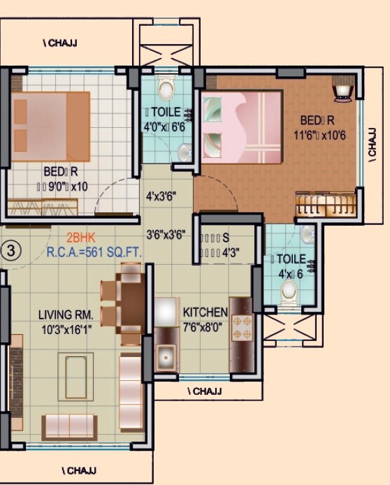 Floor plan of 2 BHK 561 Sq. Ft. Apartment in Samarpan Nikunj Vihar CHS, Mumbai
