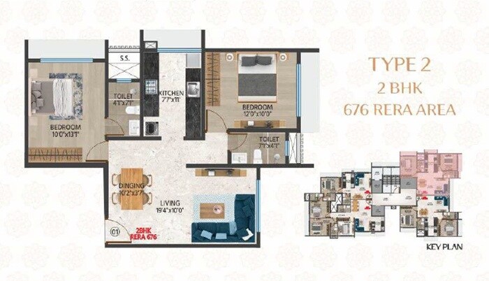 Floor plan of 2 BHK 676 Sq. Ft. Apartment in Samarpan Om Shri Jagannath CHS, Mumbai