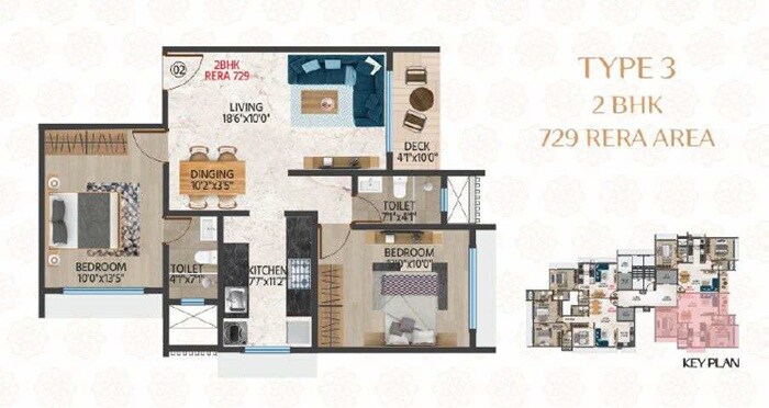 Floor plan of 2 BHK 729 Sq. Ft. Apartment in Samarpan Om Shri Jagannath CHS, Mumbai