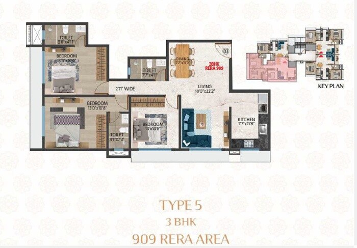 Floor plan of 3 BHK 909 Sq. Ft. Apartment in Samarpan Om Shri Jagannath CHS, Mumbai