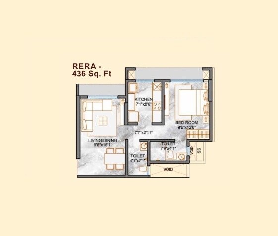 Floor plan of 1 BHK 436 Sq. Ft. Apartment in Samarpan Swanand CHS, Mumbai