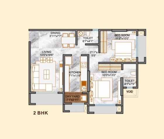 Floor plan of 2 BHK 574 Sq. Ft. Apartment in Samarpan Swanand CHS, Mumbai