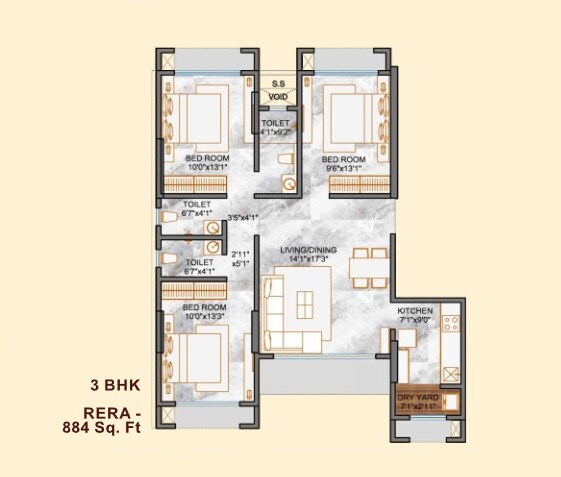 Floor plan of 3 BHK 884 Sq. Ft. Apartment in Samarpan Swanand CHS, Mumbai