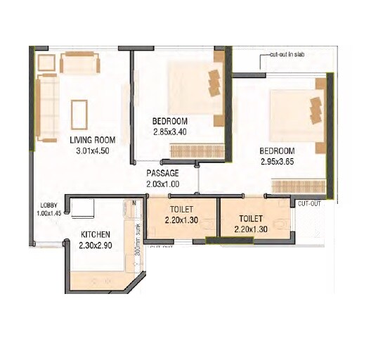 Floor plan of 2 BHK 575 Sq. Ft. Apartment in Samarth Drushti Emerald, Mumbai