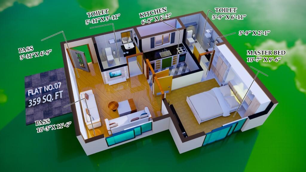 Floor plan of 1 BHK 359 Sq. Ft. Apartment in Samarth Reva, Mumbai