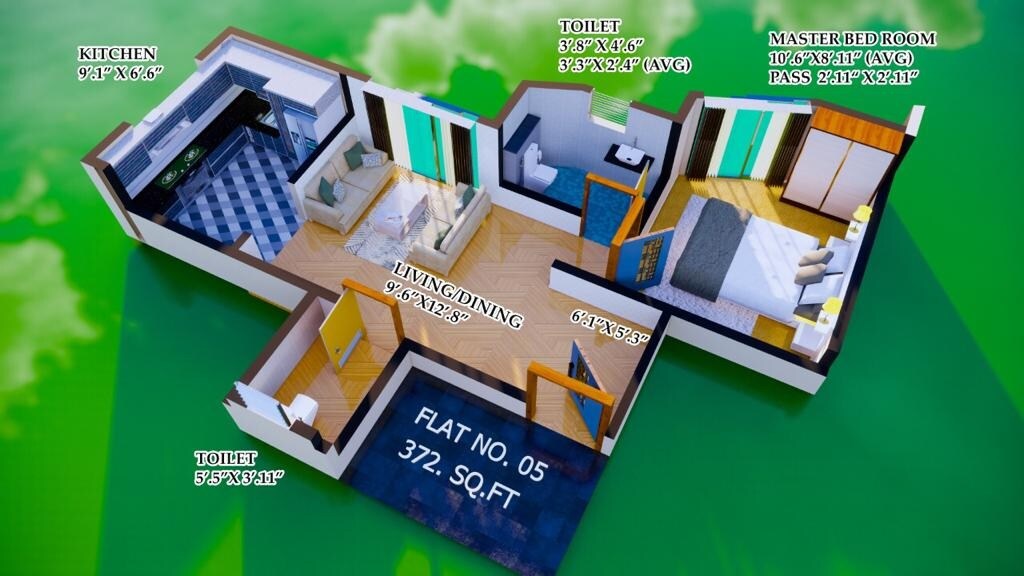 Floor plan of 1 BHK 372 Sq. Ft. Apartment in Samarth Reva, Mumbai