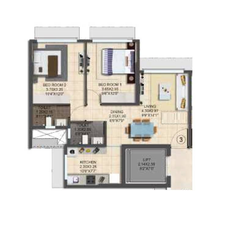 2 BHK 715 Sq. Ft. Apartment