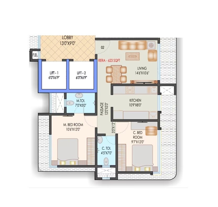 Floor plan of 2 BHK 623 Sq. Ft. Apartment in Samarth Vatsalya, Mumbai