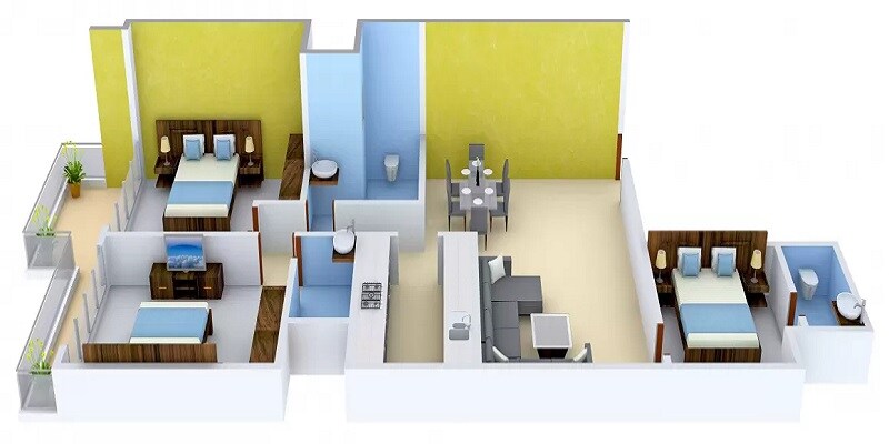 Floor plan of 3 BHK 1460 Sq. Ft. Apartment in Sambhav The Primordial House, Mumbai