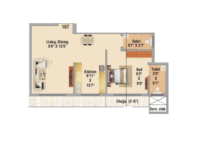 1 BHK 404 Sq. Ft. Apartment