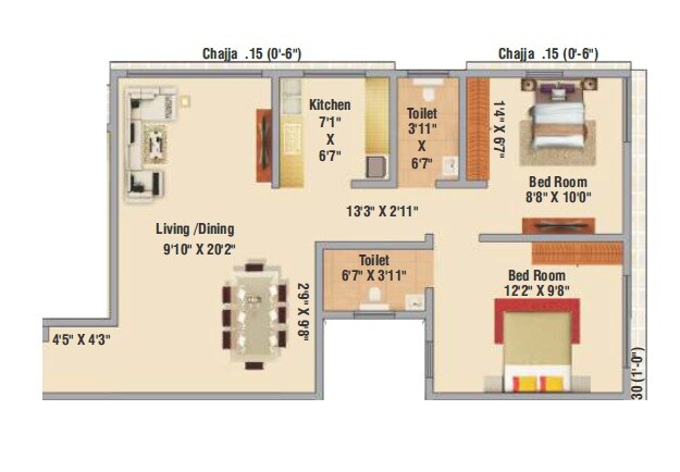 2 BHK 633 Sq. Ft. Apartment