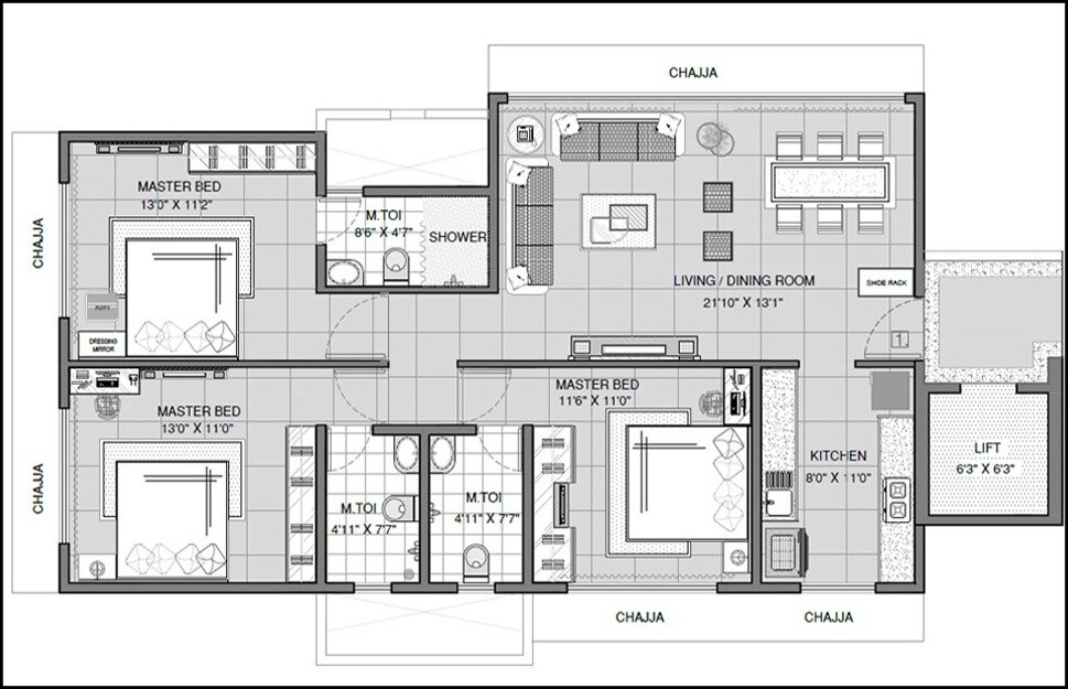 Floor plan of 3 BHK 1013 Sq. Ft. Apartment in Samyakth Bliss, Mumbai