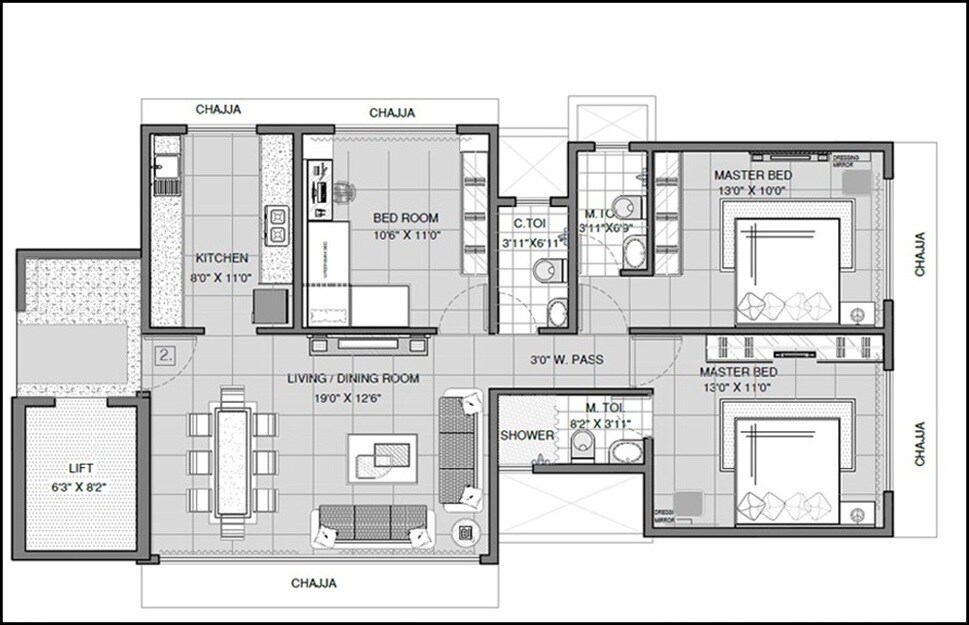 Floor plan of 2 BHK 687 Sq. Ft. Apartment in Samyakth Bliss, Mumbai