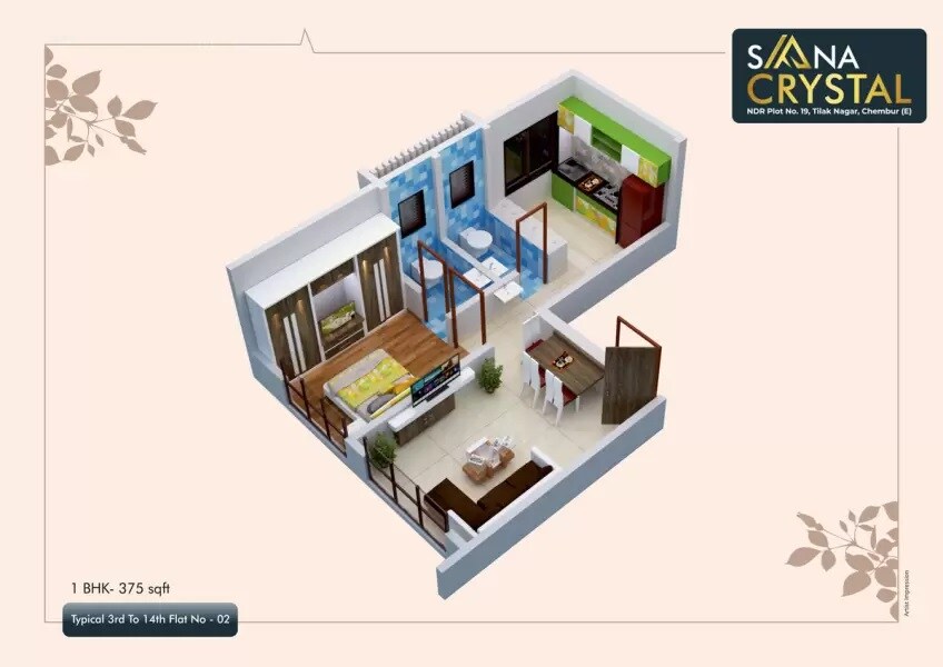 Floor plan of 1 BHK 375 Sq. Ft. Apartment in Sana Crystal, Mumbai