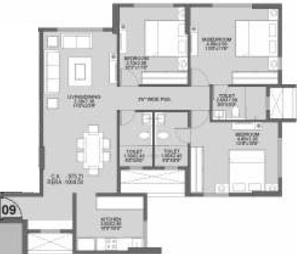 Floor plan of 3 BHK 828 Sq. Ft. Apartment in Sandu Shilpadatta, Mumbai
