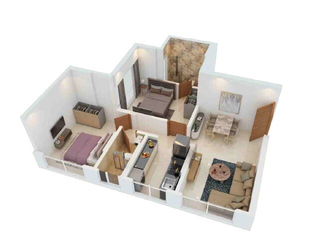 Floor plan of 2 BHK 661 Sq. Ft. Apartment in Sangam Charkop Akash Kiran CHS, Mumbai