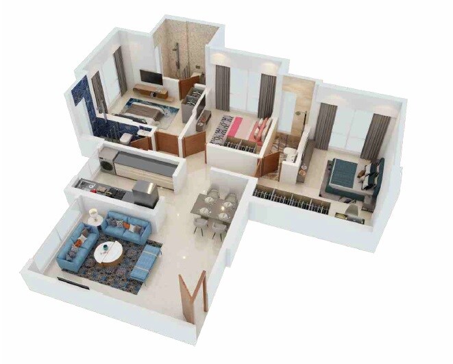 Floor plan of 3 BHK 846 Sq. Ft. Apartment in Sangam Charkop Akash Kiran CHS, Mumbai